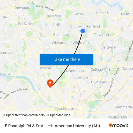 E Randolph Rd & Smith Village Rd to American University (AU) - Tenley Campus map