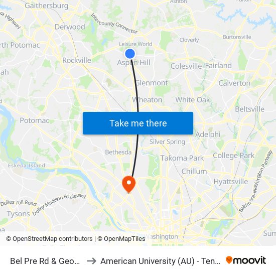 Bel Pre Rd & Georgia Ave to American University (AU) - Tenley Campus map