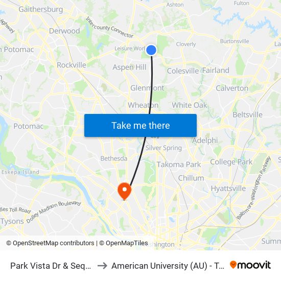 Park Vista Dr & Sequoia Hill Ln to American University (AU) - Tenley Campus map