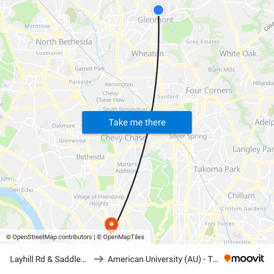 Layhill Rd & Saddlebrook Park to American University (AU) - Tenley Campus map