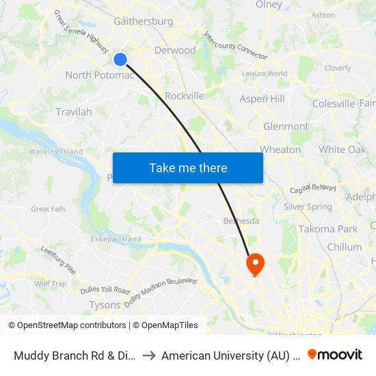 Muddy Branch Rd & Diamondback Dr to American University (AU) - Tenley Campus map