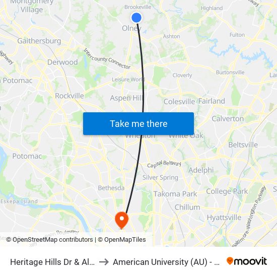 Heritage Hills Dr & Alpenglow Ln to American University (AU) - Tenley Campus map