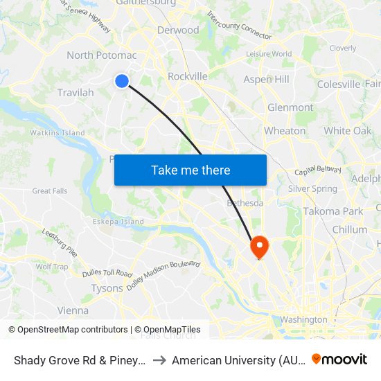 Shady Grove Rd & Piney Meetinghouse Rd to American University (AU) - Tenley Campus map