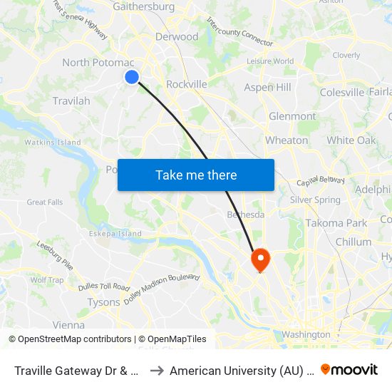 Traville Gateway Dr & Shady Grove Rd to American University (AU) - Tenley Campus map