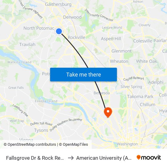 Fallsgrove Dr & Rock Regional Trans Center to American University (AU) - Tenley Campus map