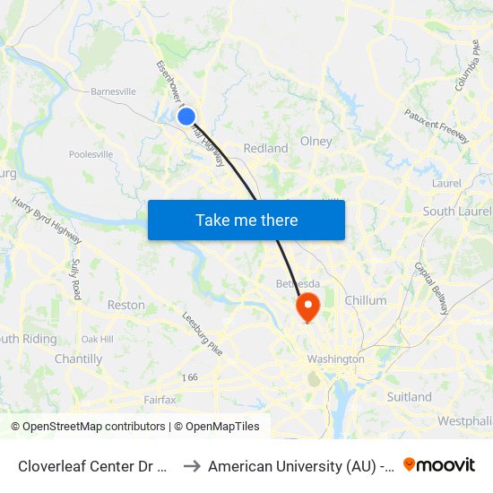 Cloverleaf Center Dr & Century Blvd to American University (AU) - Tenley Campus map