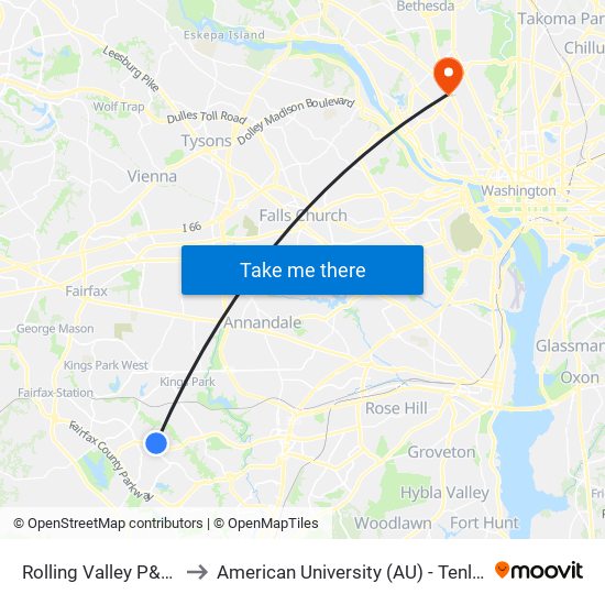 Rolling Valley P&R Bay C to American University (AU) - Tenley Campus map
