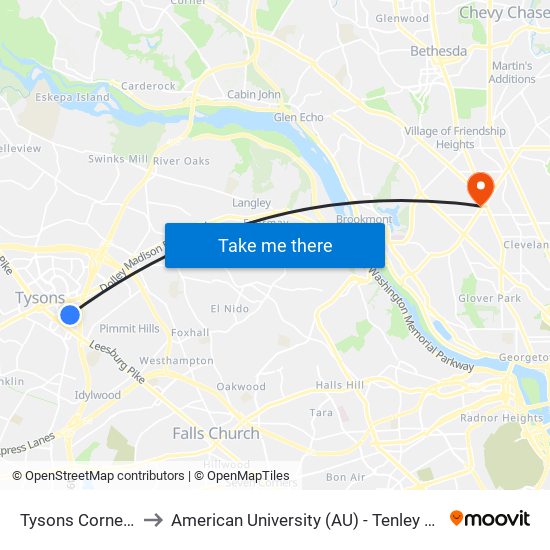 Tysons Corner Ctr to American University (AU) - Tenley Campus map