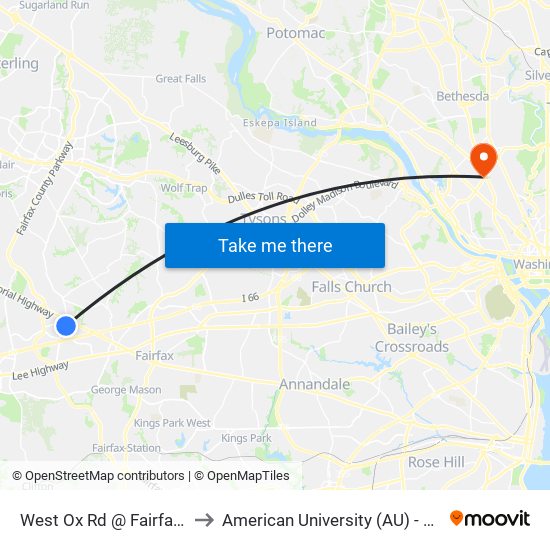 West Ox Rd @ Fairfax Towne Ce to American University (AU) - Tenley Campus map