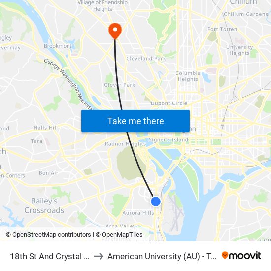 18th St And Crystal City Metro to American University (AU) - Tenley Campus map