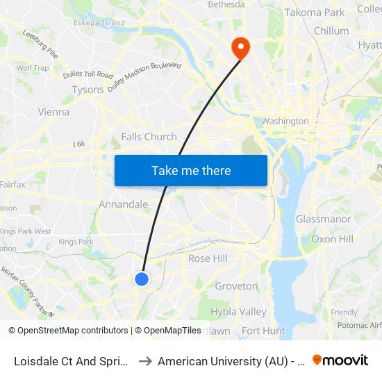 Loisdale Ct And Springfield Hilton to American University (AU) - Tenley Campus map