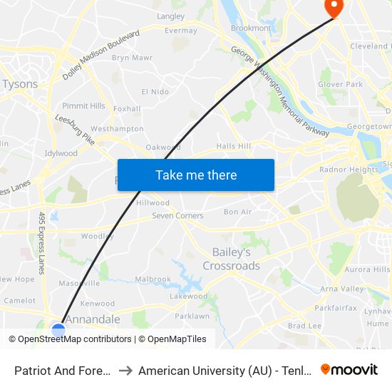 Patriot And Forest Glen to American University (AU) - Tenley Campus map