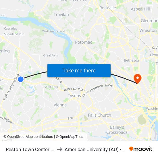 Reston Town Center Metro Bay F to American University (AU) - Tenley Campus map