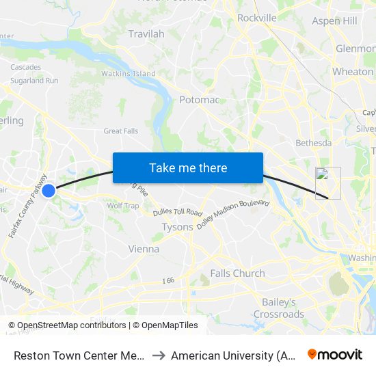 Reston Town Center Metro Station S Bay B to American University (AU) - Tenley Campus map