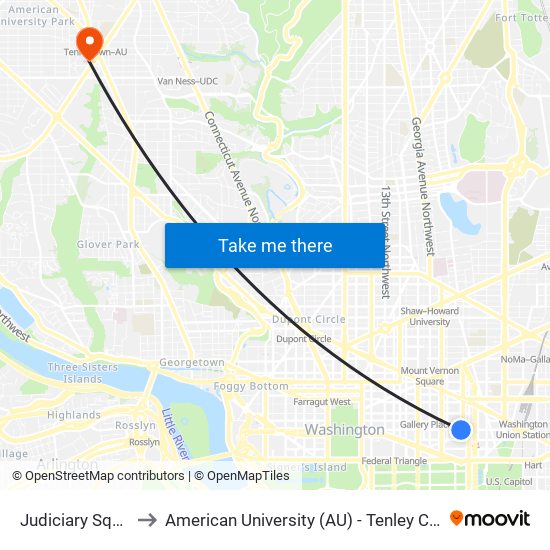 Judiciary Square to American University (AU) - Tenley Campus map