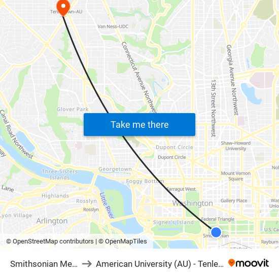 Smithsonian Metrorail to American University (AU) - Tenley Campus map