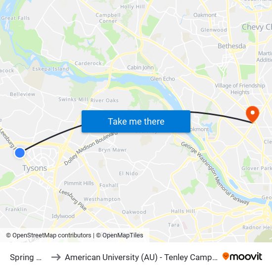 Spring Hill to American University (AU) - Tenley Campus map