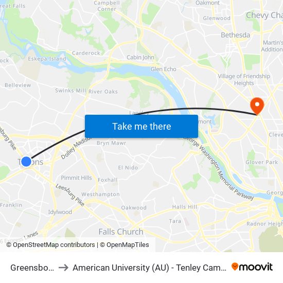 Greensboro to American University (AU) - Tenley Campus map