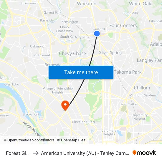 Forest Glen to American University (AU) - Tenley Campus map