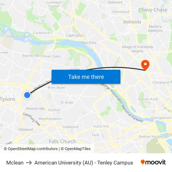 Mclean to American University (AU) - Tenley Campus map