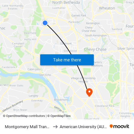Montgomery Mall Transit Center & Bay B to American University (AU) - Tenley Campus map