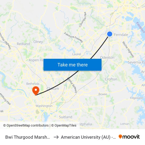 Bwi Thurgood Marshall  Airport, Md to American University (AU) - Tenley Campus map