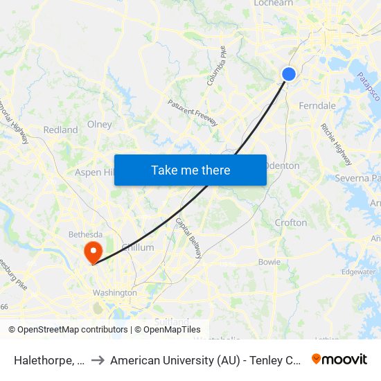 Halethorpe, Md to American University (AU) - Tenley Campus map