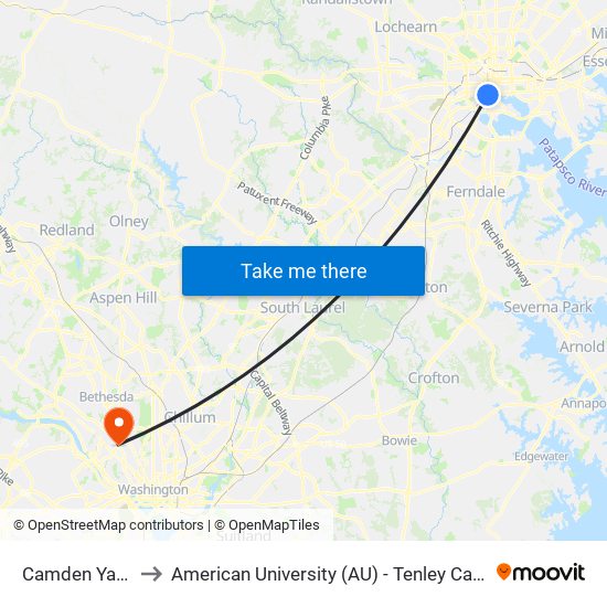 Camden Yards to American University (AU) - Tenley Campus map