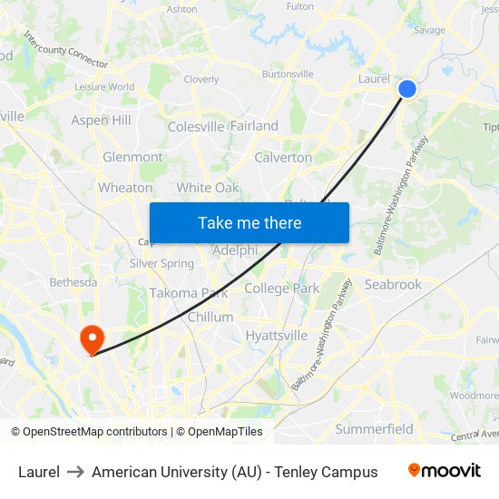 Laurel to American University (AU) - Tenley Campus map