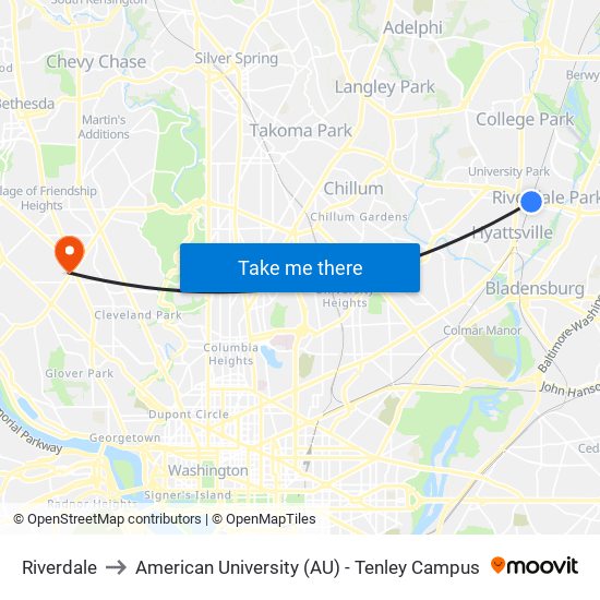 Riverdale to American University (AU) - Tenley Campus map
