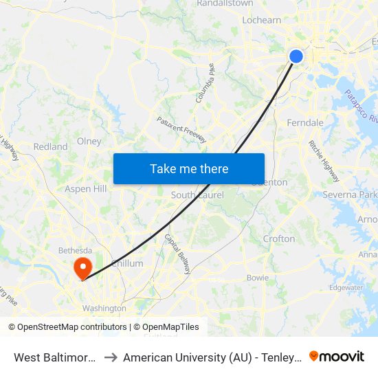 West Baltimore, Md to American University (AU) - Tenley Campus map