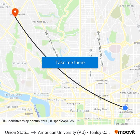 Union Station to American University (AU) - Tenley Campus map