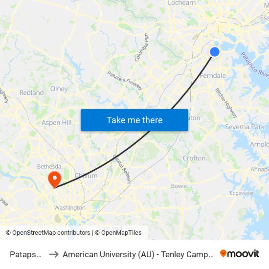 Patapsco to American University (AU) - Tenley Campus map