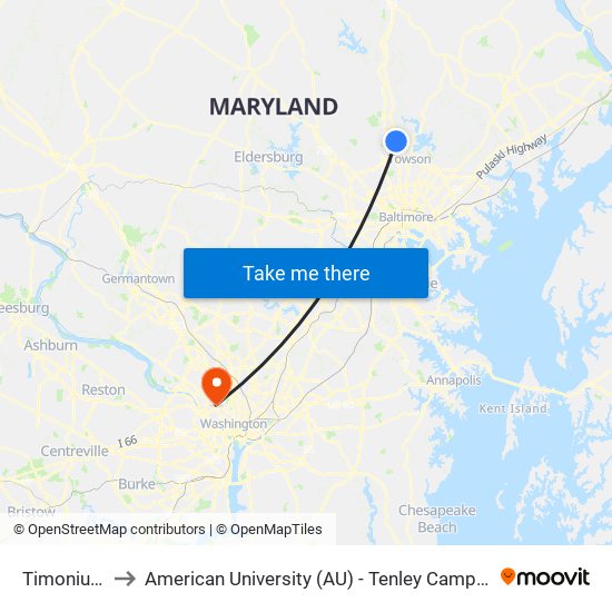 Timonium to American University (AU) - Tenley Campus map