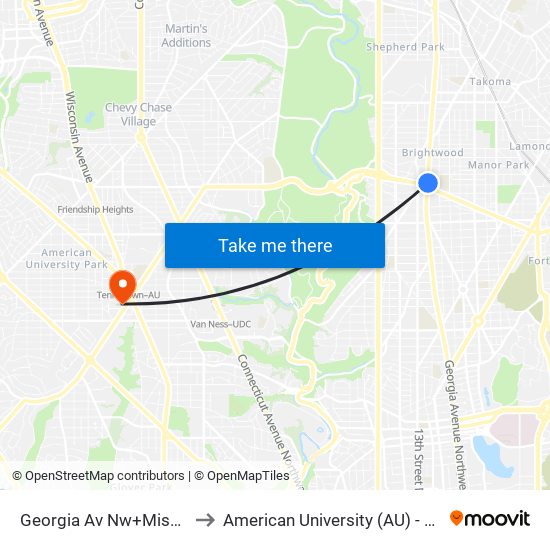 Georgia Av Nw+Missouri Av NW to American University (AU) - Tenley Campus map