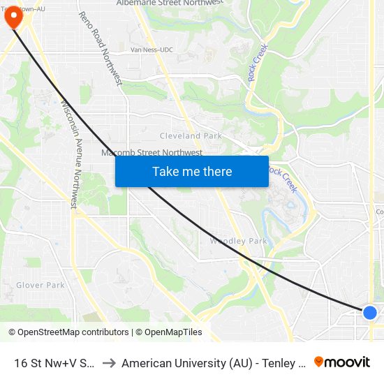 16 St Nw+V St NW to American University (AU) - Tenley Campus map