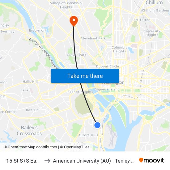 15 St S+S Eads St to American University (AU) - Tenley Campus map