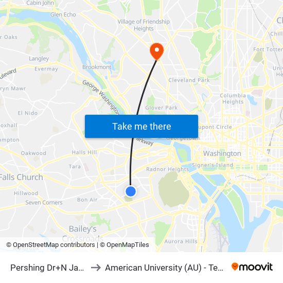 Pershing Dr+N Jackson St to American University (AU) - Tenley Campus map