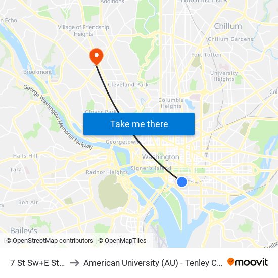 7 St Sw+E St SW to American University (AU) - Tenley Campus map