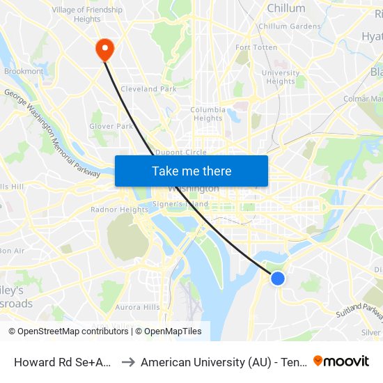 Howard Rd Se+Anacostia to American University (AU) - Tenley Campus map