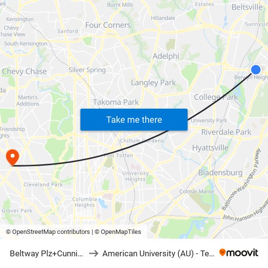 Beltway Plz+Cunningham Dr to American University (AU) - Tenley Campus map