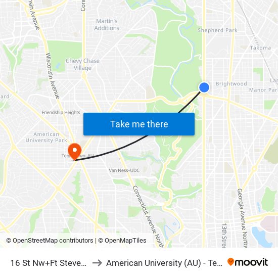 16 St Nw+Ft Stevens Dr NW to American University (AU) - Tenley Campus map