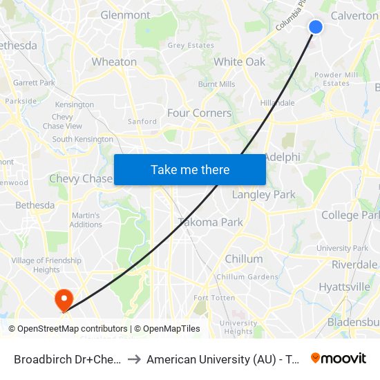 Broadbirch Dr+Cherry Hill Rd to American University (AU) - Tenley Campus map