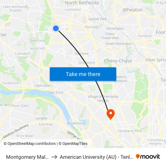 Montgomery Mall+Bay F to American University (AU) - Tenley Campus map