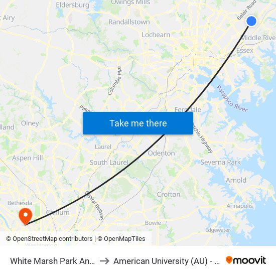 White Marsh Park And Ride Bay 1 to American University (AU) - Tenley Campus map