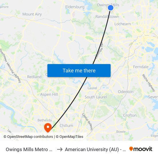 Owings Mills Metro Station Bay 2 to American University (AU) - Tenley Campus map