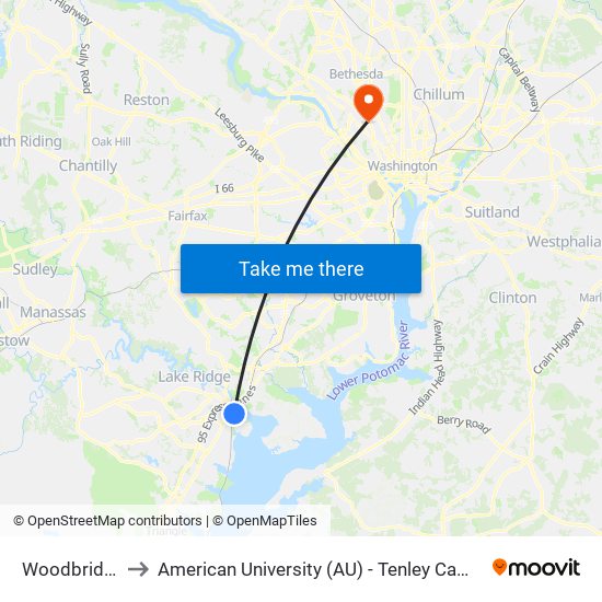 Woodbridge to American University (AU) - Tenley Campus map