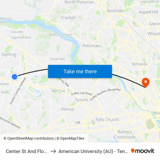 Center St And Florida Ave to American University (AU) - Tenley Campus map