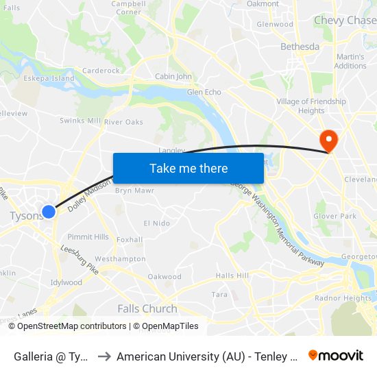 Galleria And Tysons to American University (AU) - Tenley Campus map