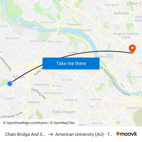 Chain Bridge And St Andrews to American University (AU) - Tenley Campus map